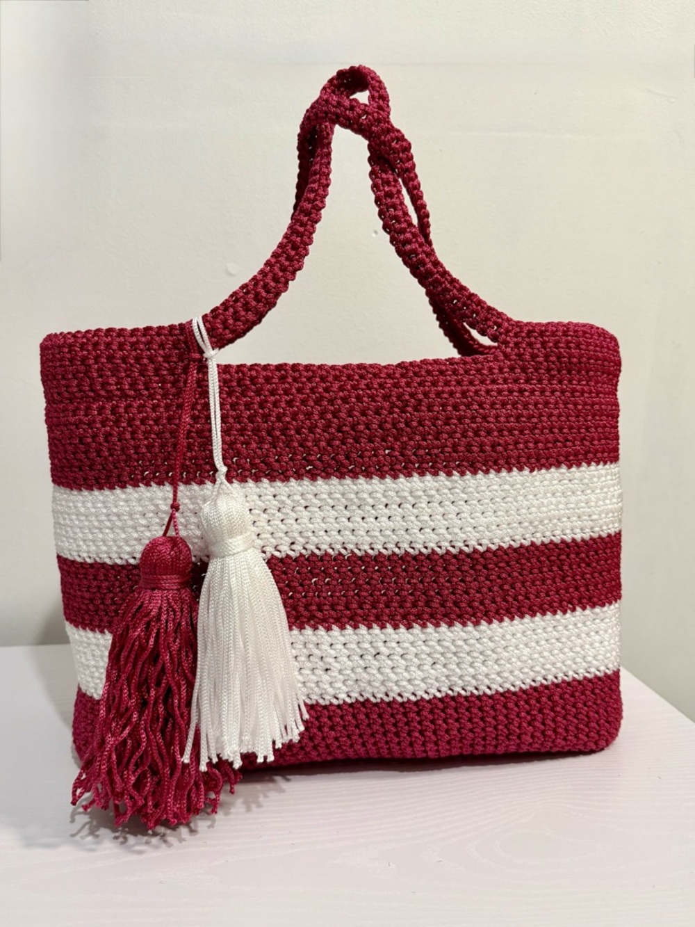 Striped Crochet Tote Bag in Burgundy and White
